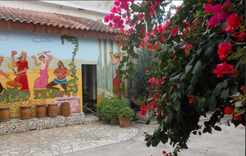 branches with red flowers at Zahaios winery garden background of painting mural on the wall with people picking grapes